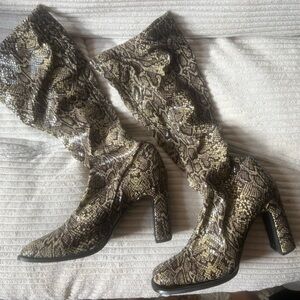 Women's Snake-Print Knee Boots in Black and Tan
